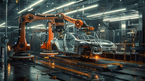 Automotive assembly car industry 4.0 factory with advanced IoT automated autonomous robot arms technology on 5G system. Industrial revolution background.