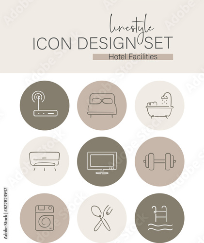 Linestyle Icon Design Set Hotel Facilities