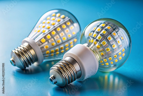 Two light bulbs, one of which is a LED, are sitting on a blue surface. Scene is bright and cheerful, as the LED bulb emits a warm, inviting light