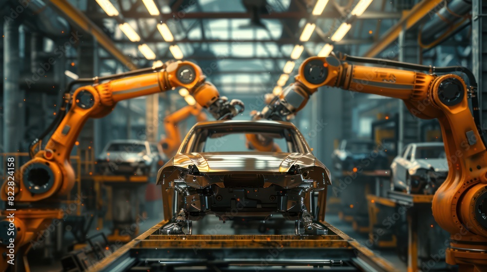 Automotive assembly car industry 4.0 factory with advanced IoT automated autonomous robot arms technology on 5G system. Industrial revolution background.