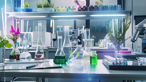 Modern laboratory with various scientific glassware and equipment. Plants, chemical solutions, and tools create an atmosphere of innovation and discovery.