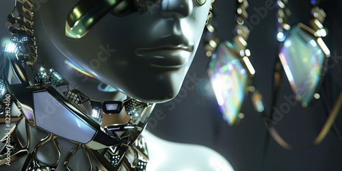 Glistening Gears of Cybernetic Chic: A robotic hand adorned with sleek chrome jewelry and intricate makeup photo