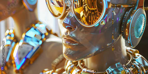 Futuristic Tech Fetish Robot Cyborg Jewelry and make up. photo