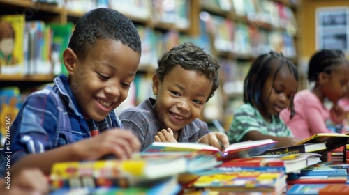 A group of children giggle and whisper as they flip through colorful picture books in the childrens section of the library.