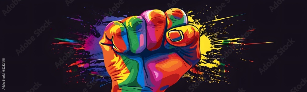 Fototapeta premium Close up of a raised fist with LGBT rainbow flag