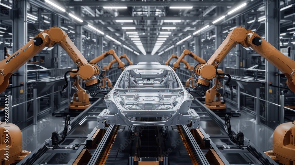 Fototapeta premium Automotive assembly car industry 4.0 factory with advanced IoT automated autonomous robot arms technology on 5G system. Industrial revolution background.