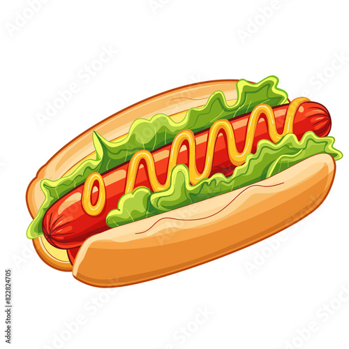 A hot dog on a long white hot dog bun with yellow mustard and shredded lettuce