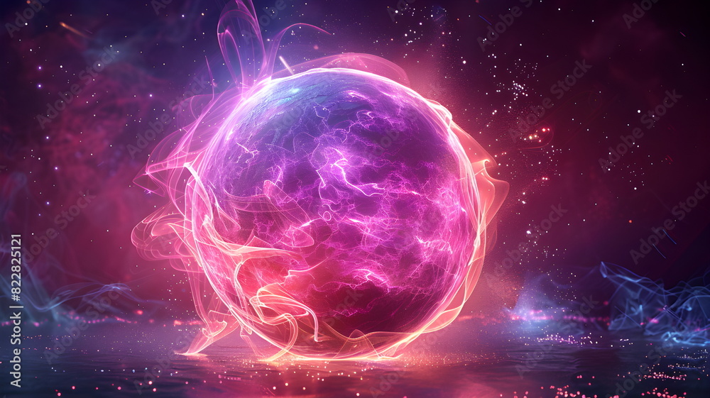 Abstract neon energy sphere of particles and waves of magical glowing Abstract neon energy sphere of particles and waves of magical glowing