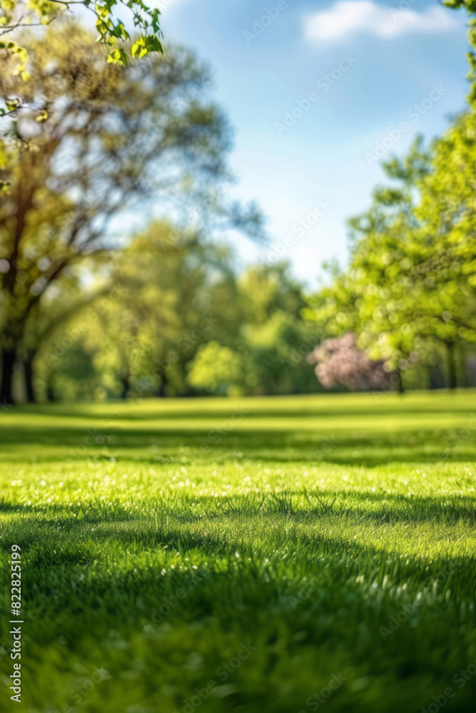 A spring nature scene of a green grass meadow in a park with trees under a blue sky is blurred in the background. A spring nature scene of a green grass meadow in a park with trees under a blue sky is blurred in the background.