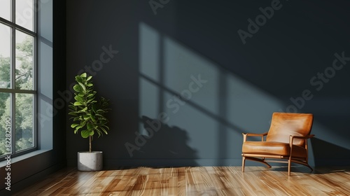 Modern interior of living room with leather armchair on wood flooring and dark blue wall