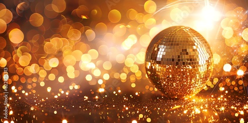 Vibrant golden disco ball with sparkling lights on a festive background. A lively party scene with a shiny mirrorball creating glittering reflections in the style of bokeh effect. Shiny, glittering re photo