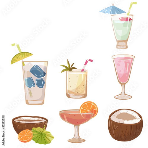 Stylized illustration of a collection of various colorful cocktail drinks in different types of glasses