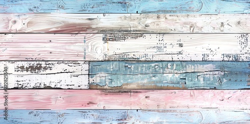 Shabby chic pastel colored distressed wooden wall background with aged wood texture. Wooden planks in the style of shaby pink, blue and white colors for interior design of home or office decoration. photo