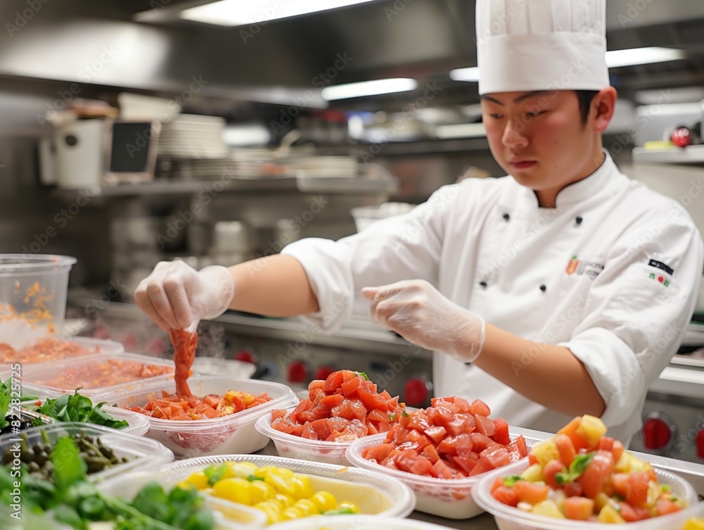 A chef is preparing a salad with a variety of vegetables, including tomatoes, cucumbers, and peppers
