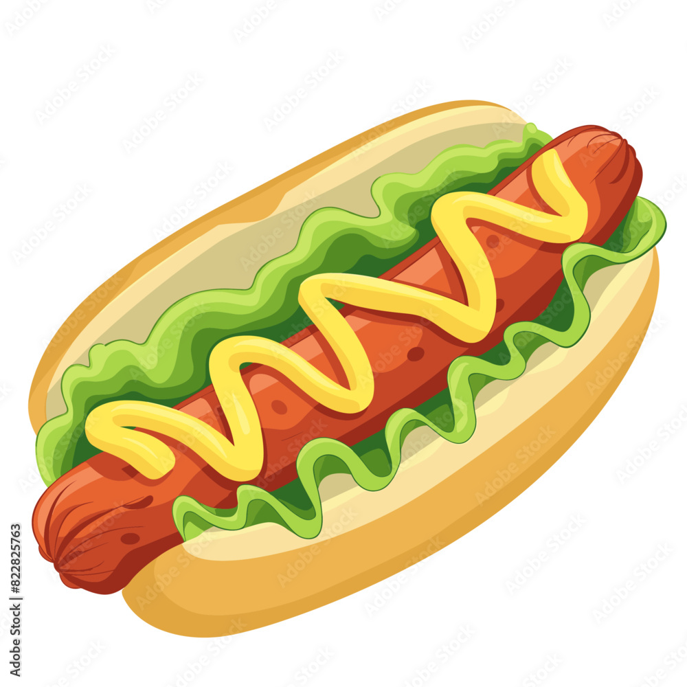 close-up view of a classic hot dog with mustard and lettuce on a hot dog bun