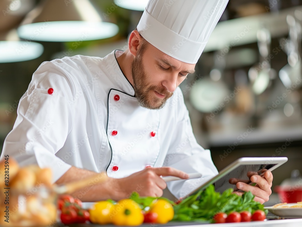 A chef is using a tablet to look up a recipe while preparing food. The scene is set in a kitchen with various ingredients, including vegetables and a bowl. The chef appears to be focused on his task A chef is using a tablet to look up a recipe while preparing food. The scene is set in a kitchen with various ingredients, including vegetables and a bowl. The chef appears to be focused on his task