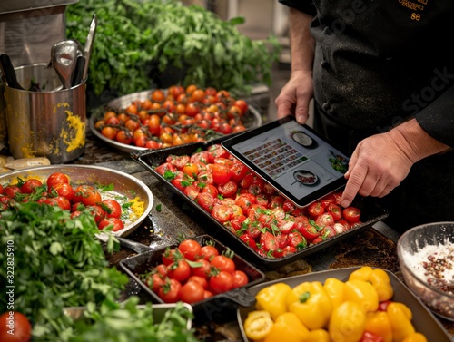 A chef is holding a tablet while preparing a dish with tomatoes and other vegetables. Concept of focus and dedication to the task at hand, as the chef carefully selects and arranges the ingredients