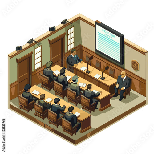 isometric illustration of a courtroom scene