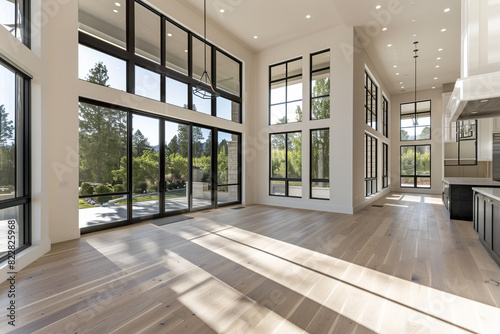 A sleek and sophisticated Craftsman-style home with floor-to-ceiling windows  sleek finishes  and a seamless indoor-outdoor flow  captured against a solid white background