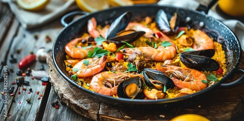 Delicious paella with mussels, prawns and rice in the pan on a wooden table. A traditional Spanish food. photo