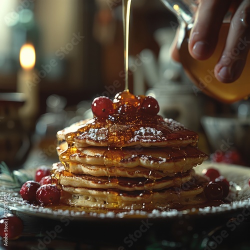 a person pouring honey onto a pancakes, cranberrycore, meyer optik trioplan american tonalist, quadratura.