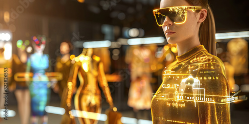 Golden Holographic Catwalk  In this digital-age fashion showcase  models strut down a holographic runway adorned with golden-themed augmented reality clothes and accessories