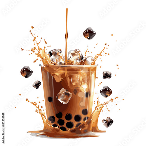 A cup of bubble tea with tapioca pearls and ice cubes