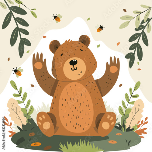 graphic art illustration of a cheerful bear sitting in a forest clearing