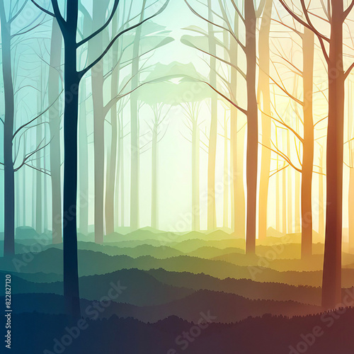 Misty forest sunrise nature abstract wallpaper background with trees and gradient colors