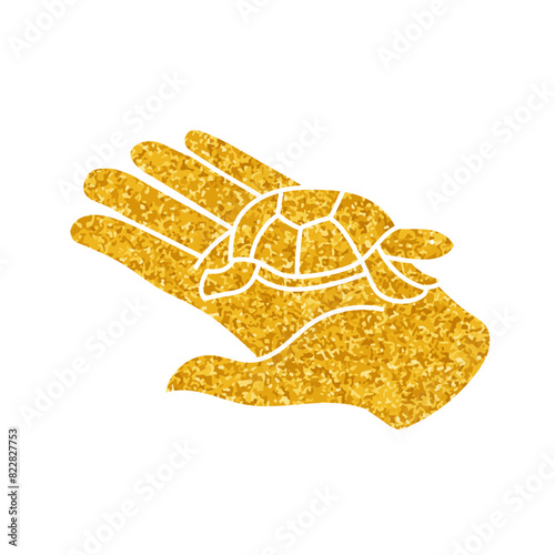 Animal newly hatched tortoise baby drawing in gold color style