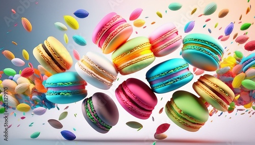 Various colorful of macarons floating in the air with motion blur white background
 photo