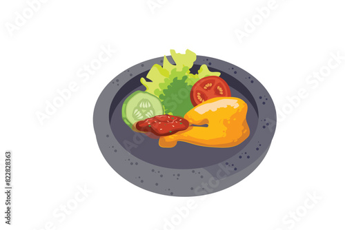 Fried Chicken, Fresh Vegetables, And Sambal Are Served In A Stone Mortar | Indonesian Stall Food Illustration