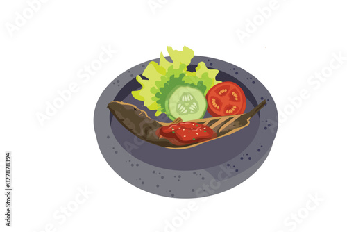 Fried Catfish, Fresh Vegetables, And Sambal Are Served In A Stone Mortar | Indonesian Stall Food Illustration