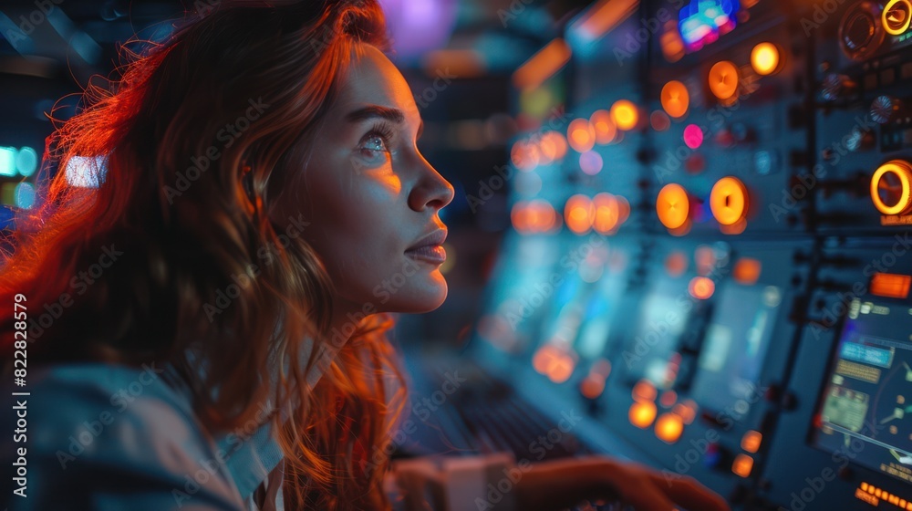 Focused individual monitoring critical data on illuminated control panel in dimly lit control room Focused individual monitoring critical data on illuminated control panel in dimly lit control room