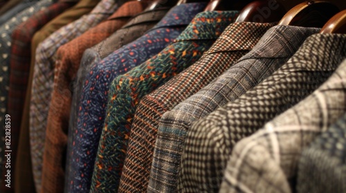 A rack of mens suits each one sporting a different pattern or fabric popular in a past era. photo