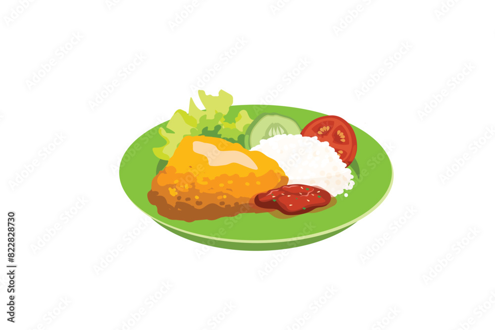 Fried Chicken Breasts With Rice, Fresh Vegetables, And Sambal Served On A Green Plate | Indonesian Stall Food Ilustration Fried Chicken Breasts With Rice, Fresh Vegetables, And Sambal Served On A Green Plate | Indonesian Stall Food Ilustration