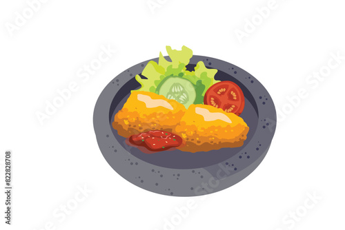 Two Fried Chicken Breasts, Fresh Vegetables, And Sambal Are Served In A Stone Mortar | Indonesian Stall Food Illustration