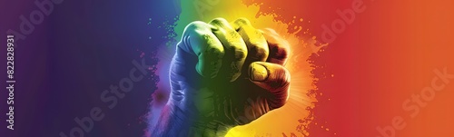 Close up of a raised fist with LGBT rainbow flag