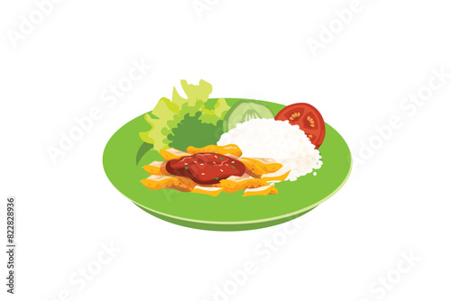 Fried Eel With Rice, Fresh Vegetables, And Sambal Served On A Green Plate | Indonesian Stall Food Ilustration