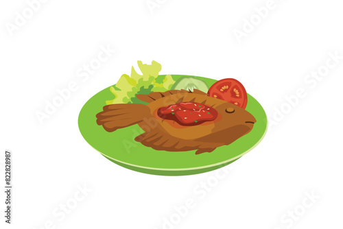 Fried Gourami Fish, Fresh Vegetables, And Sambal Served On A Green Plate | Indonesian Stall Food Ilustration