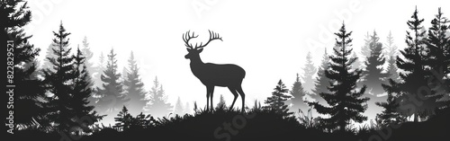 Wild Deer and Forest Panorama  Silhouette Illustration of Camping Wildlife Landscape with Fir Trees - Vector Logo Icon