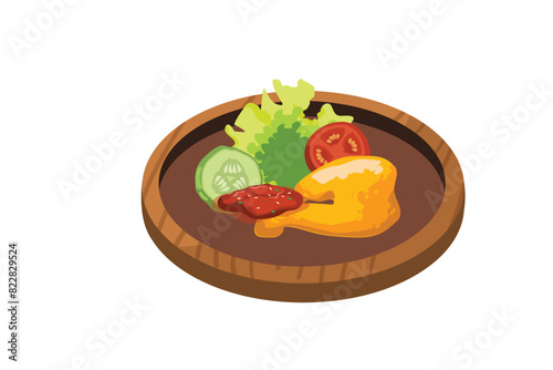 Fried Chicken, Fresh Vegetables, and Sambal are Served in a Wooden Mortar | Indonesian Stall Food Illustration