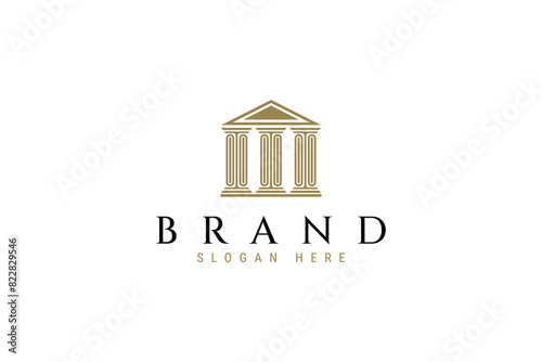 Greek building or museum column pillar logo with gold color flat vector design style