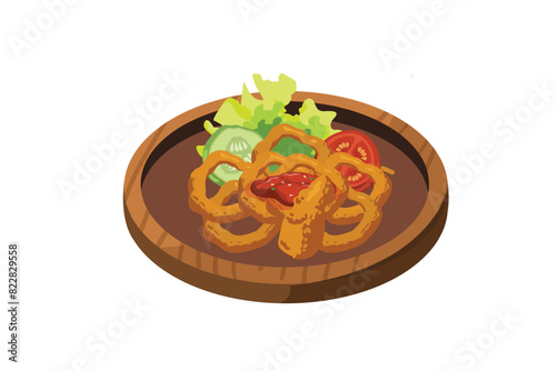 Fried Squid, Fresh Vegetables, and Sambal are Served in a Wooden Mortar | Indonesian Stall Food Illustration