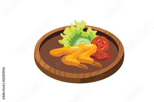 Two Fried Chicken Wings, Fresh Vegetables, and Sambal are Served in a Wooden Mortar | Indonesian Stall Food Illustration