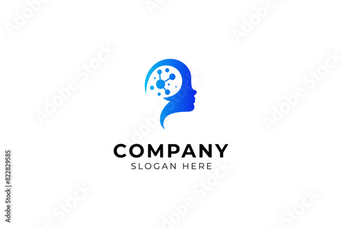 person face logo with combination of molecules dna scientific structure atom concept vector illustration design gradient blue color