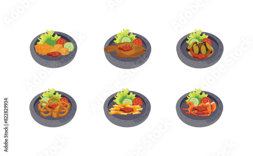 Collection Of Indonesian Stall Food In A Stone Mortar Illustration