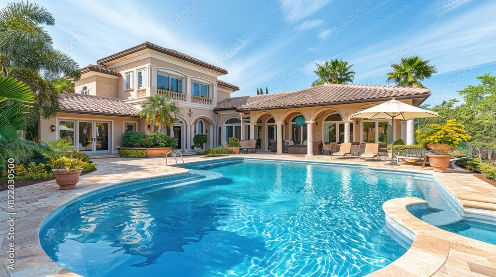 Sunny Day Dream Home: Beautiful Exterior with Large Pool & Blue Sky