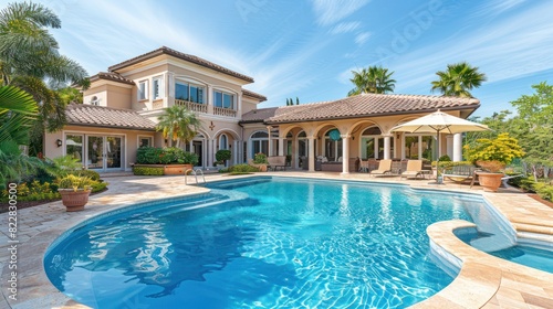 Sunny Day Dream Home: Beautiful Exterior with Large Pool & Blue Sky