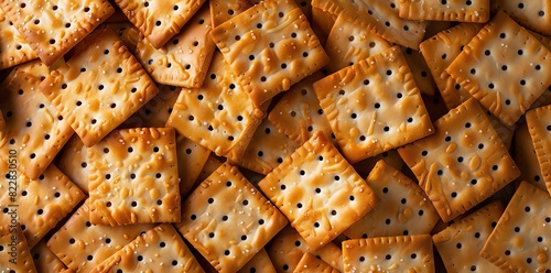 A background of square brown saltine crackers with black holes on the surface, top view. The snacks have intricate details and textures that give them an elegant appearance. They appear to be arranged photo